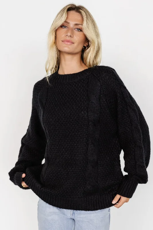 Women's Cropped Cable - Knit Merino Wool Sweater in Beige for a Trendy Fall OutfitLukas Cable Knit Sweater | Black Women's Cropped Cable - Knit Merino Wool Sweater in Beige for a Trendy Fall OutfitLukas Cable Knit Sweater | Black