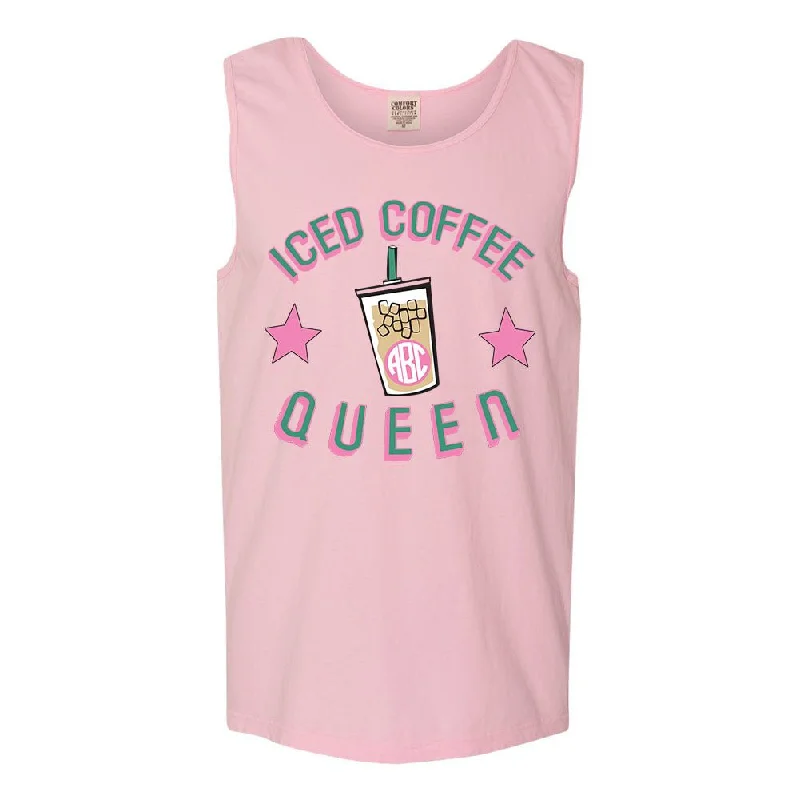 Women's Longline Tank Tops with Abstract Prints  Monogrammed 'Iced Coffee Queen' Comfort Colors Tank Top