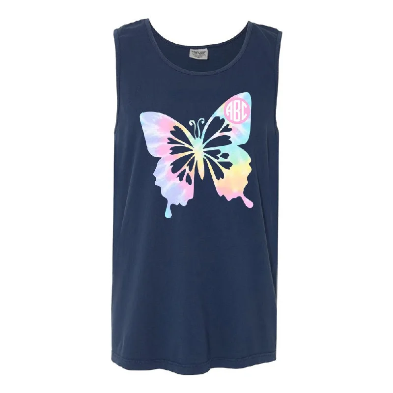 High - Neck Women's Silk Blend Tank Tops for a Luxurious Feel  Monogrammed 'Tie Dye Butterfly' Comfort Colors Tank Top