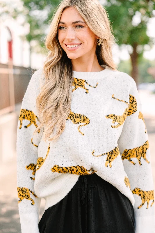 Women's Longline Boyfriend - Style Sweater in Gray for a Relaxed and Casual OutfitOn The Prowl Ivory White Tiger Sweater Women's Longline Boyfriend - Style Sweater in Gray for a Relaxed and Casual OutfitOn The Prowl Ivory White Tiger Sweater