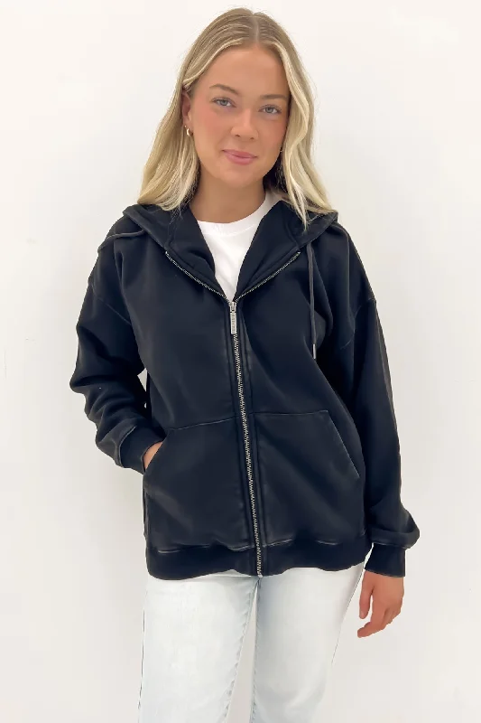 Women's cropped sweatshirt with a slogan graphic for a fun and expressive look Oversized Zip Thru Hoody Washed Black Women's cropped sweatshirt with a slogan graphic for a fun and expressive look Oversized Zip Thru Hoody Washed Black