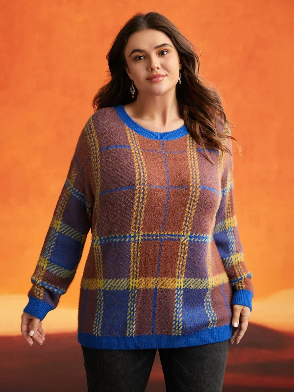 Plus Size Women's Button - Down Sweater in Mustard Yellow for a Pop of ColorPlaid Texture Crew Neck Pullover Plus Size Women's Button - Down Sweater in Mustard Yellow for a Pop of ColorPlaid Texture Crew Neck Pullover