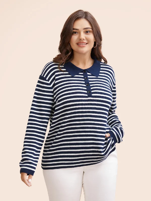 Women's Cropped Cable - Knit Merino Wool Sweater in Beige for a Trendy Fall OutfitPolo Neck Striped Button Up Pullover