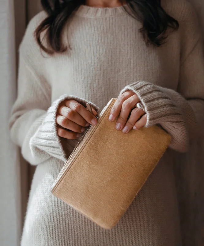 Knee - Length Women's Wool Blend Sweater Dresses in Neutral Colors Pony Hair Zip Pouch Knee - Length Women's Wool Blend Sweater Dresses in Neutral Colors Pony Hair Zip Pouch