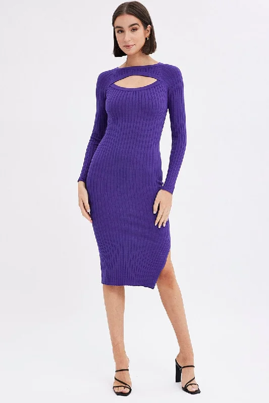 V - Neck Women's Ribbed Sweater Dresses with Belt for a Defined Waist Purple Midi Dress Long Sleeve Round Neck Keyhole Rib Knit