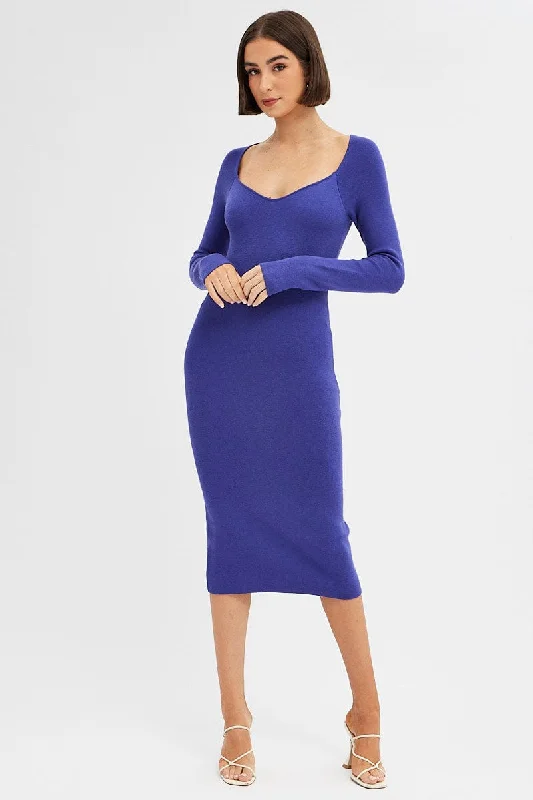 A - Line Women's Merino Wool Sweater Dresses in Classic Styles Purple Midi Dress Long Sleeve Sweetheart Neckline Knit