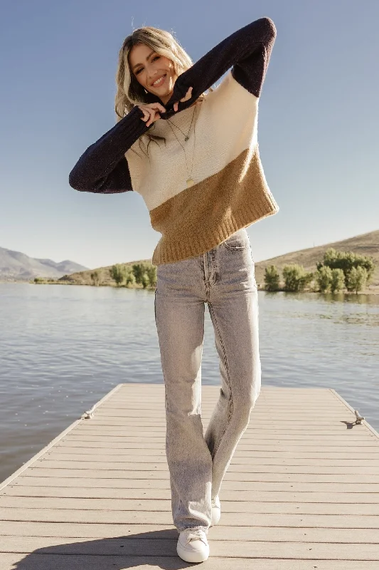 Plus Size Women's Button - Down Sweater in Mustard Yellow for a Pop of ColorRandi Color Block Sweater | Cream + Navy