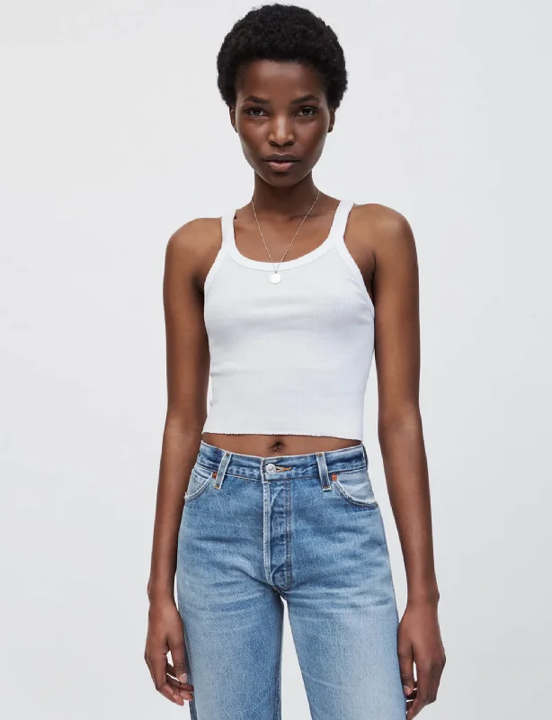 Crew Neck Women's Sustainable Tank Tops Made from Recycled Materials Cropped Ribbed Tank, Optic White Crew Neck Women's Sustainable Tank Tops Made from Recycled Materials Cropped Ribbed Tank, Optic White