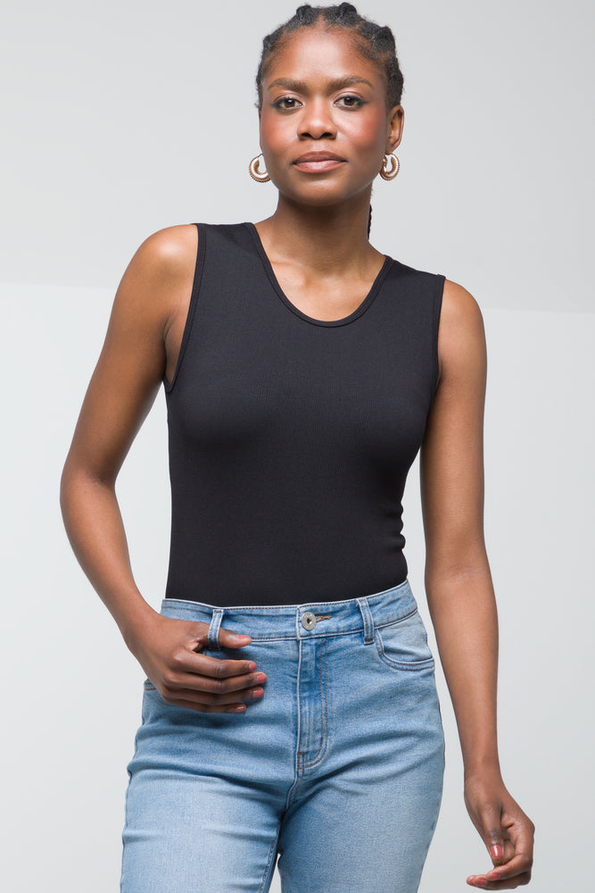 Women's linen t shirt Rib Seamless Sleeveless Bodysuit Black