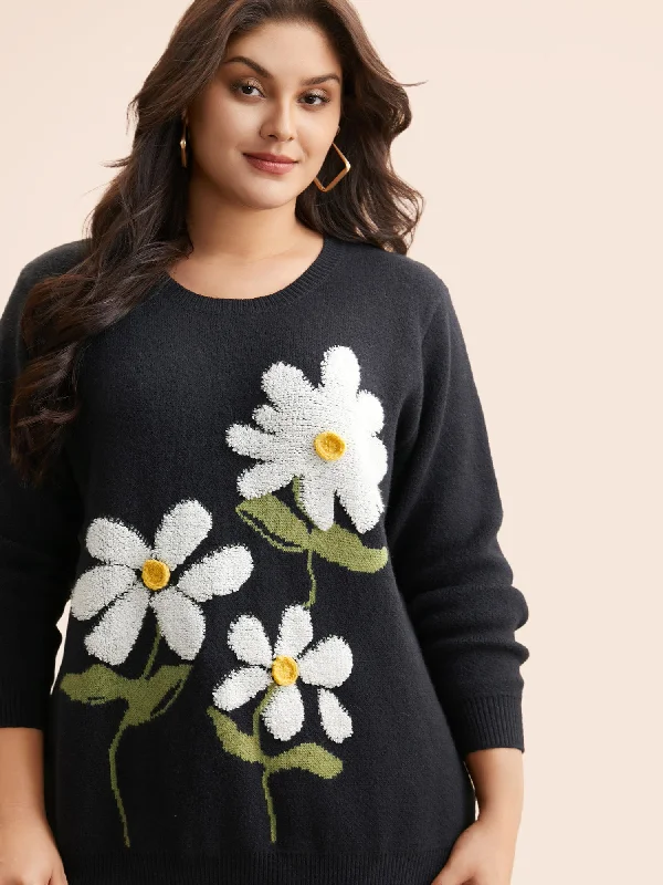 Women's Sequined Trimmed Sweater in Gold for a Glamorous Party LookRound Neck Floral Contrast Texture Pullover Women's Sequined Trimmed Sweater in Gold for a Glamorous Party LookRound Neck Floral Contrast Texture Pullover