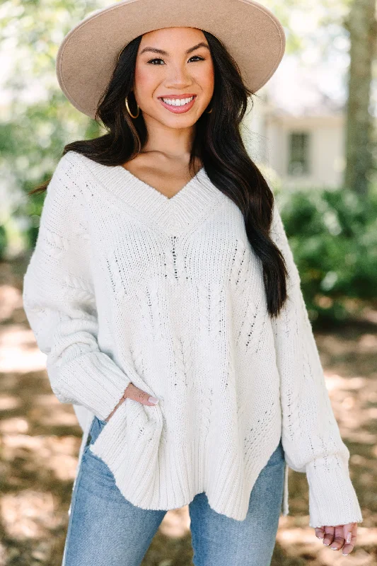 Women's Fuzzy Mohair - Blend Sweater in Light Pink for a Soft and Cozy FeelRun Don't Walk Cream White Cable Knit Sweater