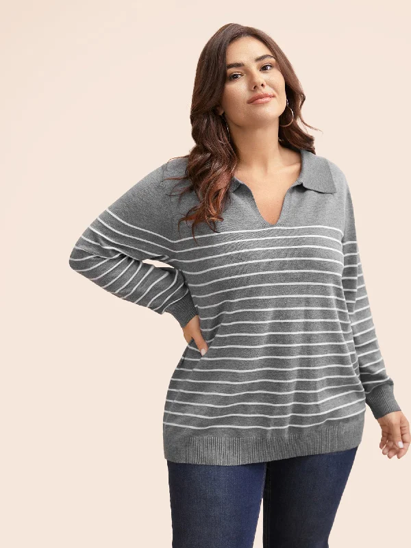 Plus Size Women's V - Neck Long - Sleeve Ribbed Cotton Sweater in Navy for a Classic StyleSupersoft Essentials Striped Knit Pullover Plus Size Women's V - Neck Long - Sleeve Ribbed Cotton Sweater in Navy for a Classic StyleSupersoft Essentials Striped Knit Pullover