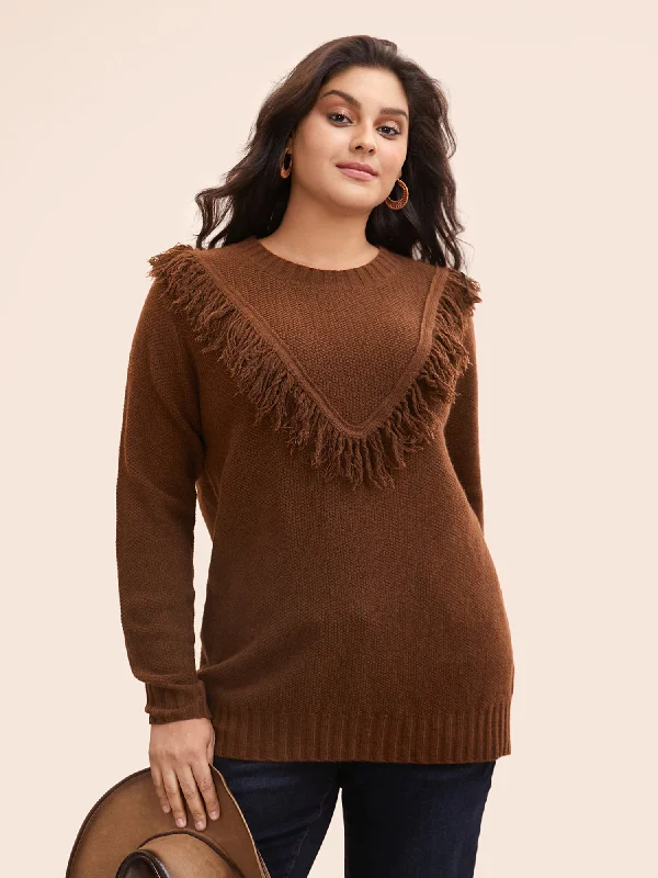 Women's Longline Boyfriend - Style Sweater in Gray for a Relaxed and Casual OutfitTassel-Front High Neck Pullover