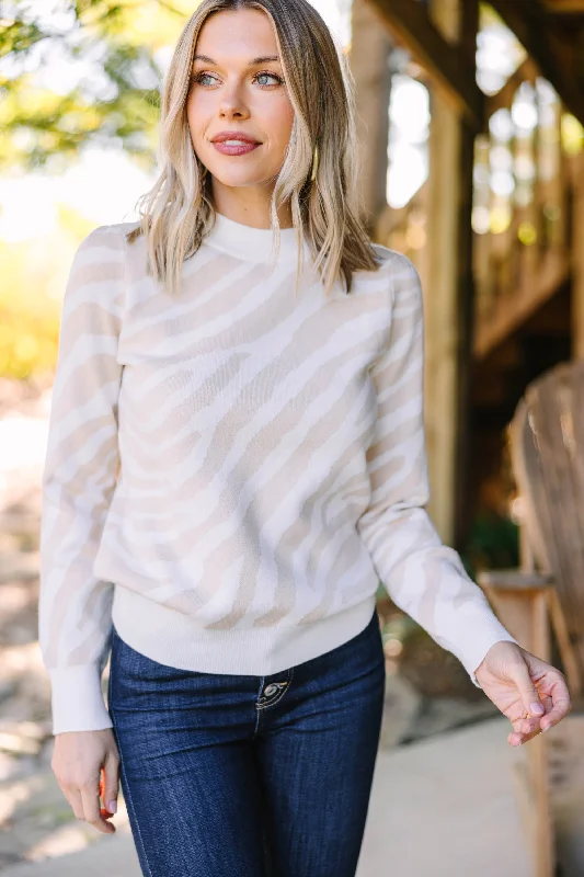 Women's Turtleneck Cashmere - Blend Sweater in Charcoal for a Sophisticated Winter EnsembleTell You Everything Oatmeal White Zebra Stripe Sweater Women's Turtleneck Cashmere - Blend Sweater in Charcoal for a Sophisticated Winter EnsembleTell You Everything Oatmeal White Zebra Stripe Sweater