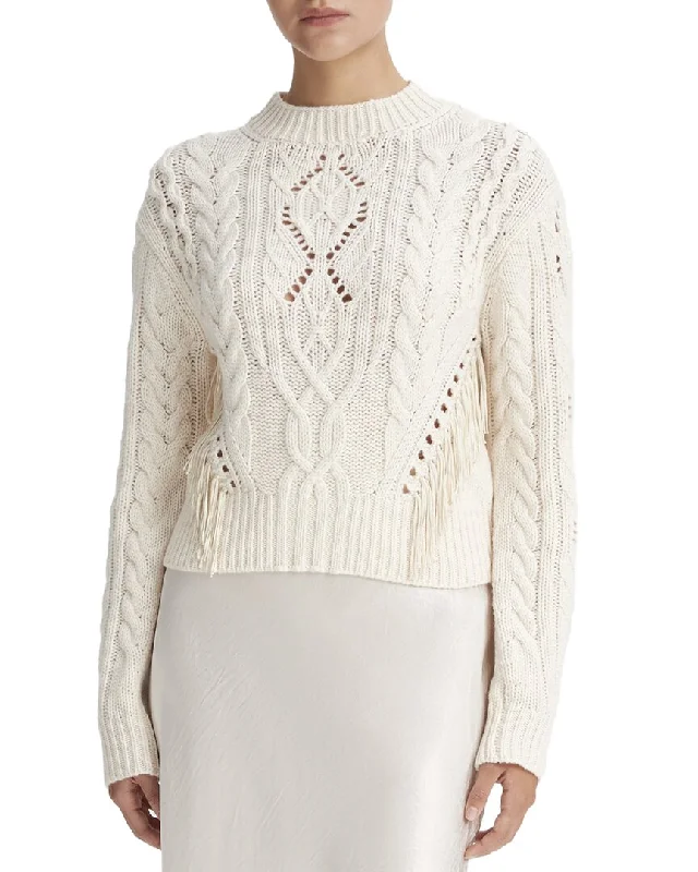 Knee - Length Women's Wool Blend Sweater Dresses in Neutral Colors Vince Fringe Cable Wool & Cashmere-Blend Sweater