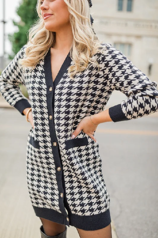 V - Neck Women's Ribbed Sweater Dresses with Belt for a Defined Waist Where You Belong Houndstooth Button Front Cardigan Dress
