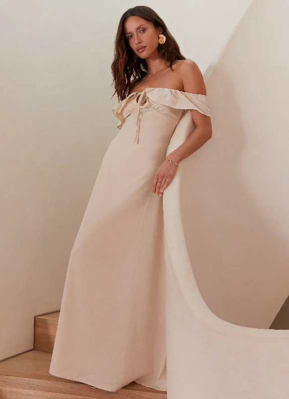 Off - the - Shoulder Women Dress for a Romantic and Feminine Look Amarosa Linen Maxi Dress - Natural
