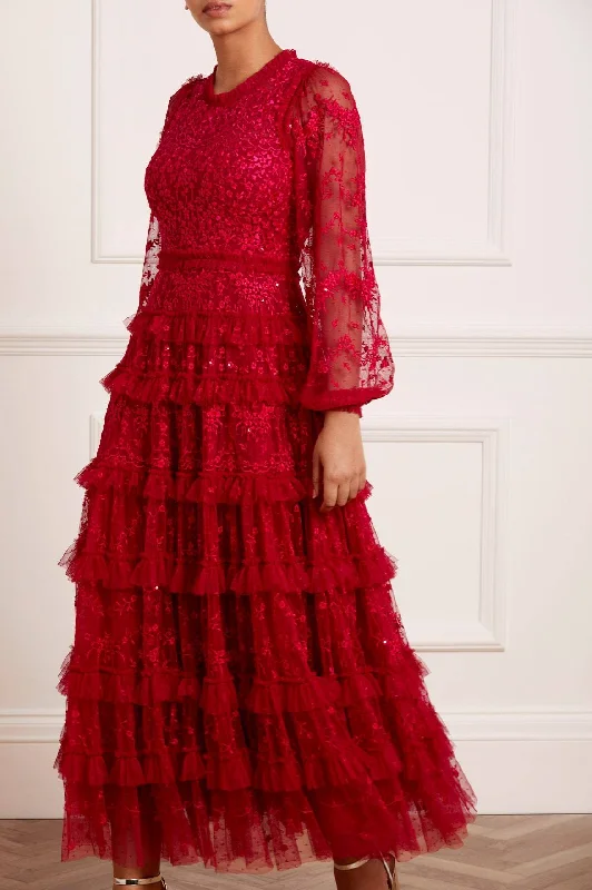 Ruffled Women Dress with Multiple Layers for a Playful and Girly Style Blossom Lace Ankle Gown