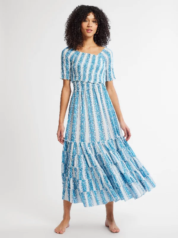 Empire Waist Women Dress to Accentuate the Bust and Conceal the Waist Celia Dress in Aqua Jaipur Stripe