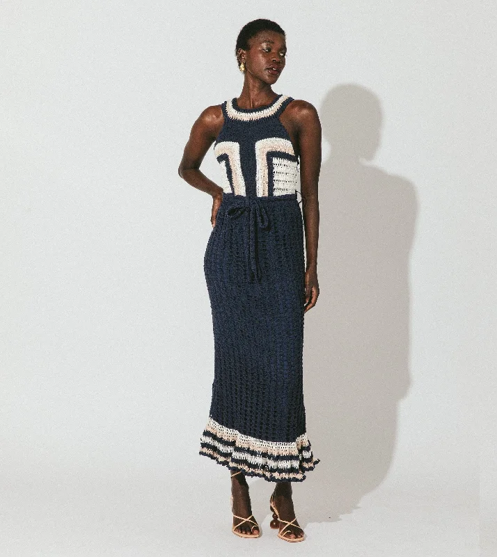Plus Size Women Dress with a Flattering A - Line Cut for Comfort and Style Drew Hand Crochet Midi Dress | Navy/Ivory
