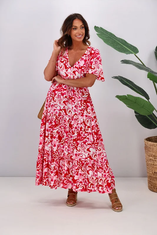 Ruffled Women Dress with Multiple Layers for a Playful and Girly Style Fria Carmen Maxi Dress Red