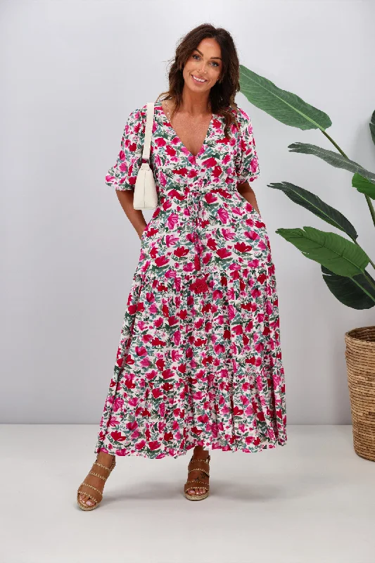 Halter Neck Women Dress to Show Off the Shoulders and Neckline Fria Lila Floral Maxi Dress Fuchsia