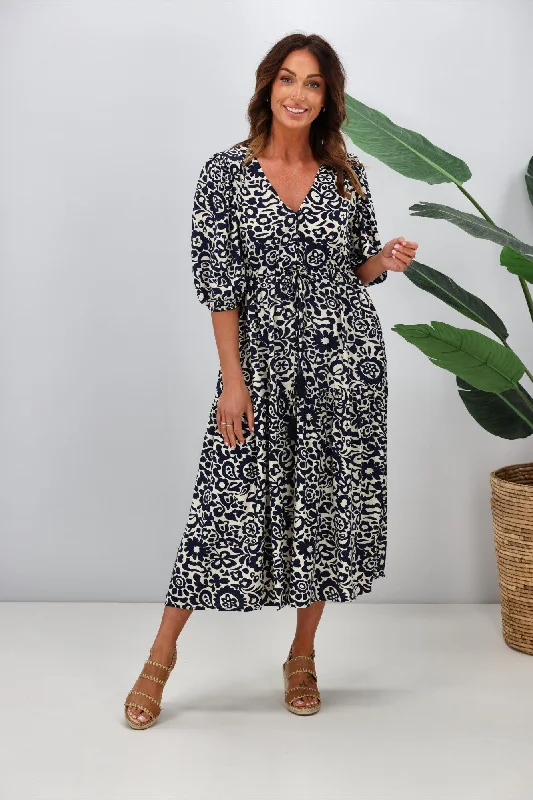 Maxi Women Dress with Floral Print for a Bohemian Vibe Fria Mariella Tiered Dress Monochrome Print