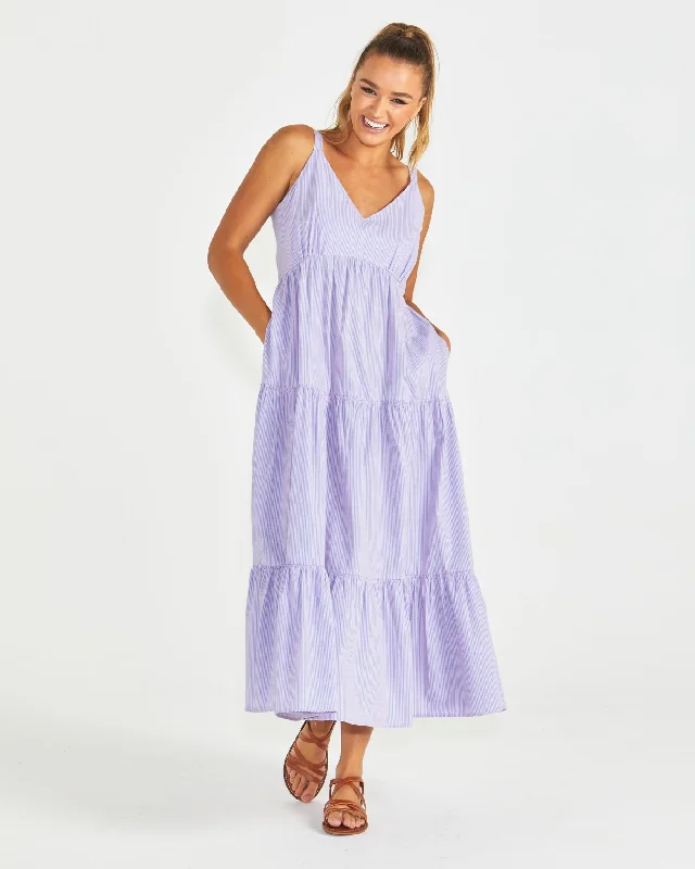 Maxi Women Dress with Floral Print for a Bohemian Vibe Sass Phillipa Tiered Maxi Dress Blue Pink Stripe