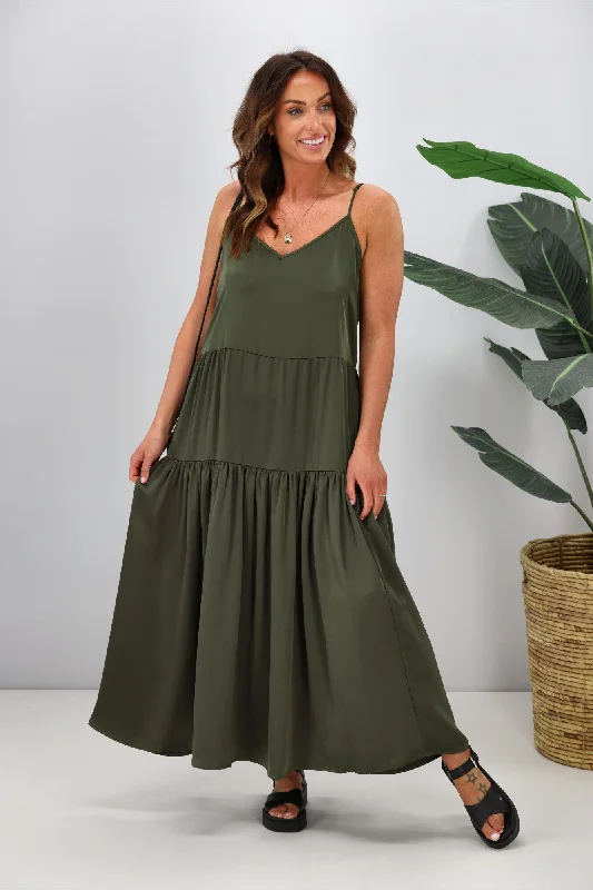 Halter Neck Women Dress to Show Off the Shoulders and Neckline Shine On Label Harrie Satin Maxi Dress Olive