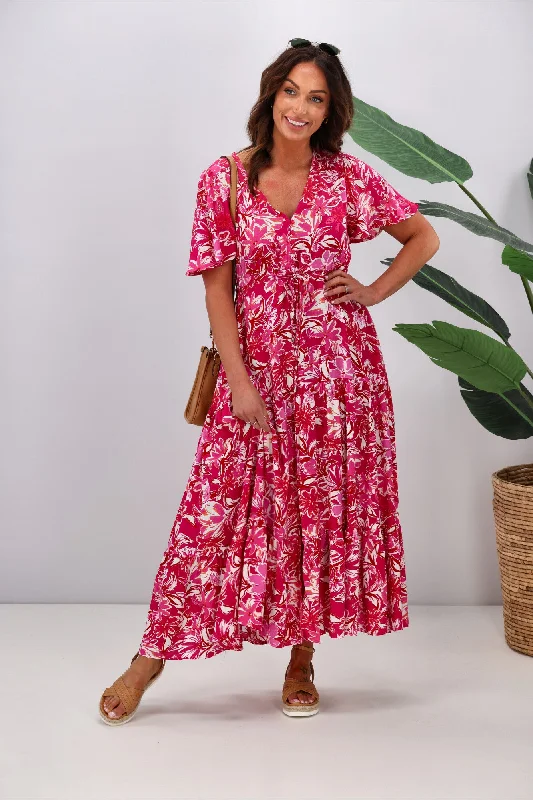 Wrap - Style Women Dress with Adjustable Fit for All Body Types Silver Wishes Tess Floral Maxi Dress Hot Pink