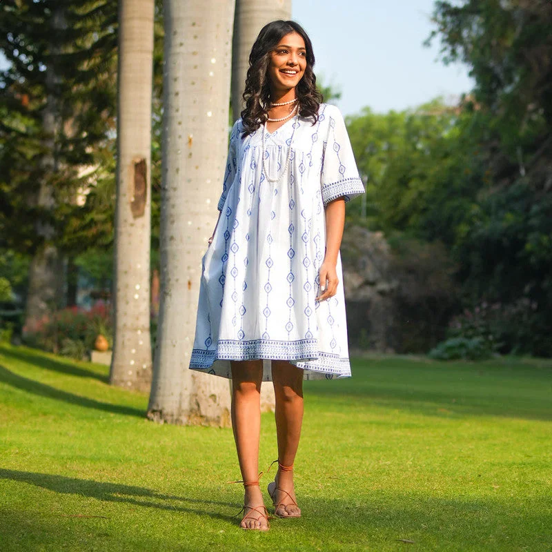 Ball Gown Women Dress with a Full Skirt for a Princess - like Look Ball Gown Women Dress with a Full Skirt for a Princess - like Look Cotton Printed Dress for Women | Blue | Knee Length