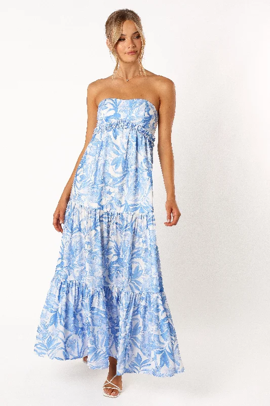 Strapless maxi dresses for a beachside vacation Arianna Strapless Maxi Dress - Blue Floral Strapless maxi dresses for a beachside vacation Arianna Strapless Maxi Dress - Blue Floral