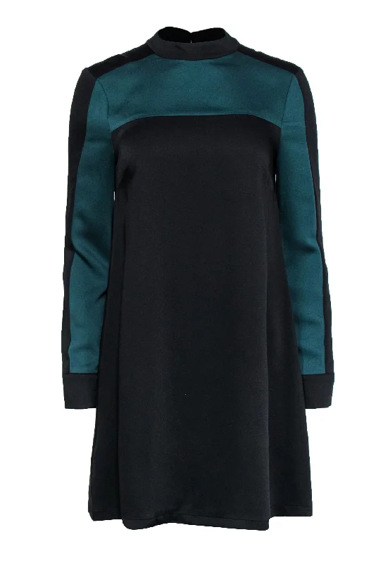 Ball Gown Women Dress with a Full Skirt for a Princess - like Look Ball Gown Women Dress with a Full Skirt for a Princess - like Look BCBG Max Azria - Black & Teal Colorblock Mock Neck Shift Dress Sz XS