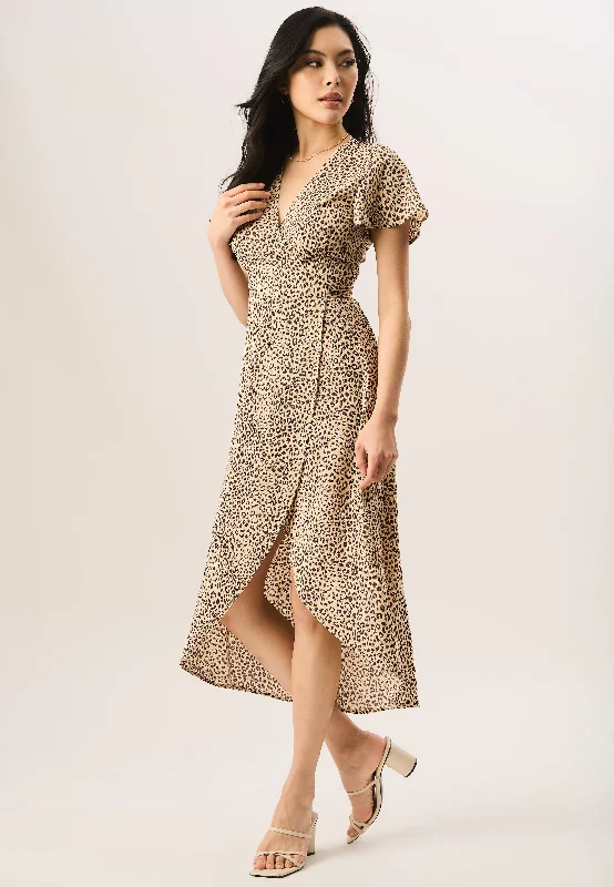 Halter Neck Women Dress to Show Off the Shoulders and Neckline Halter Neck Women Dress to Show Off the Shoulders and Neckline Beige Animal Printed Wrap Midi Dress