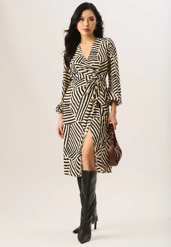 Pleated Women Dress with a Timeless and Elegant Texture Pleated Women Dress with a Timeless and Elegant Texture Beige Geo Print Assymetric Hem Wrap Midi Dress
