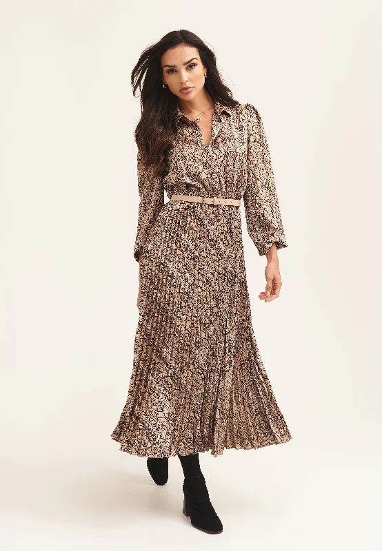 Off - the - Shoulder Women Dress for a Romantic and Feminine Look Off - the - Shoulder Women Dress for a Romantic and Feminine Look Beige Snake Pleated Shirt Dress with Belt