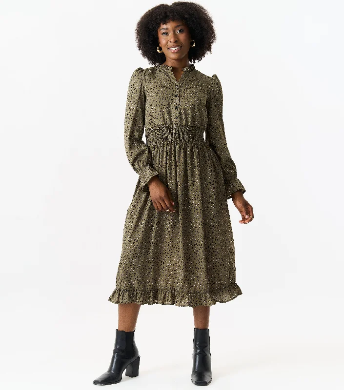 Wrap - Style Women Dress with Adjustable Fit for All Body Types Wrap - Style Women Dress with Adjustable Fit for All Body Types Khaki Animal Print Gathered Waist Midi Dress