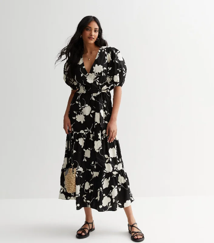 Mermaid - Style Women Dress with a Fitted Silhouette for Special Occasions Mermaid - Style Women Dress with a Fitted Silhouette for Special Occasions Black Floral Poplin Wrap Tiered Midi Dress