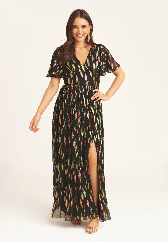 Wrap - Style Women Dress with Adjustable Fit for All Body Types Wrap - Style Women Dress with Adjustable Fit for All Body Types Black Multi Jacquard Angel Sleeves Maxi Dress