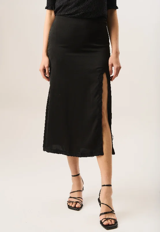 Empire Waist Women Dress to Accentuate the Bust and Conceal the Waist Empire Waist Women Dress to Accentuate the Bust and Conceal the Waist Black Satin Side Split Lace Trim Midi Skirt