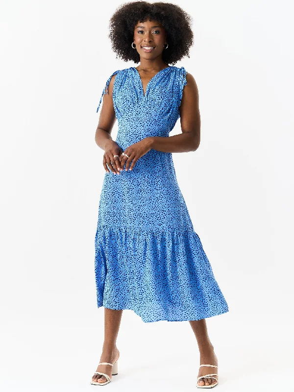 Wrap - Style Women Dress with Adjustable Fit for All Body Types Wrap - Style Women Dress with Adjustable Fit for All Body Types Blue Animal Print Ruched Sleeves Midi Dress
