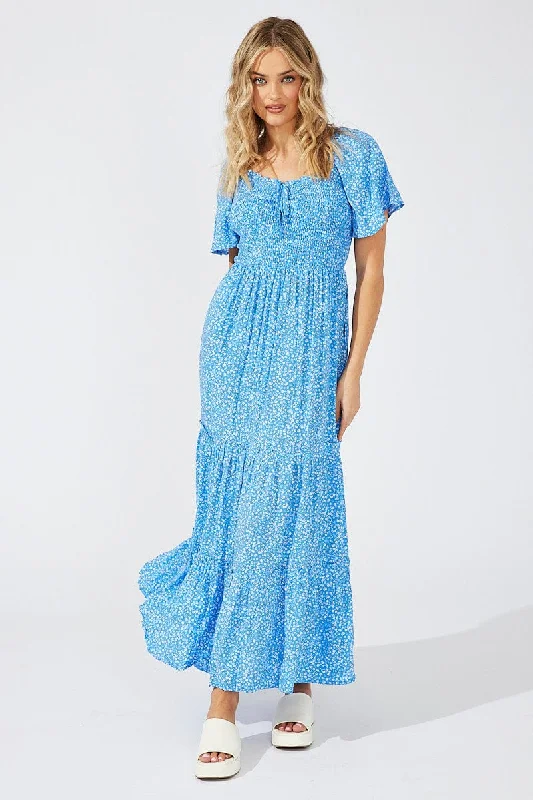 Metallic maxi dresses for a glamorous New Year's Eve party Blue Ditsy Maxi Dress Short Sleeve Shirred Metallic maxi dresses for a glamorous New Year's Eve party Blue Ditsy Maxi Dress Short Sleeve Shirred