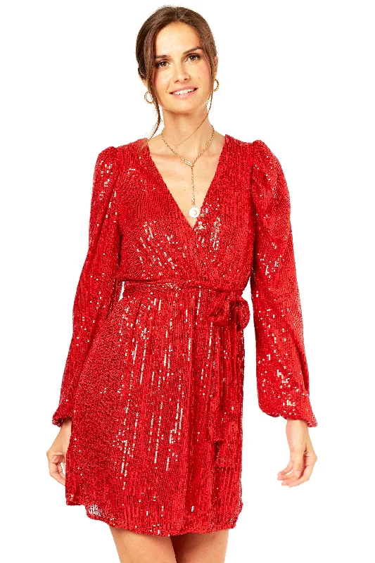 Off - the - Shoulder Women Dress for a Romantic and Feminine Look Off - the - Shoulder Women Dress for a Romantic and Feminine Look Bright Red Sequin V Neck Belted Mini Dress