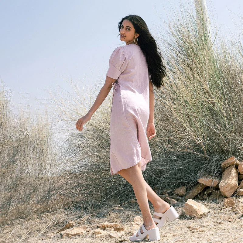 Sleeveless Women Dress in Bright Colors for Summer Parties Sleeveless Women Dress in Bright Colors for Summer Parties Linen Pink Wrap Dress for Women | Knee Length