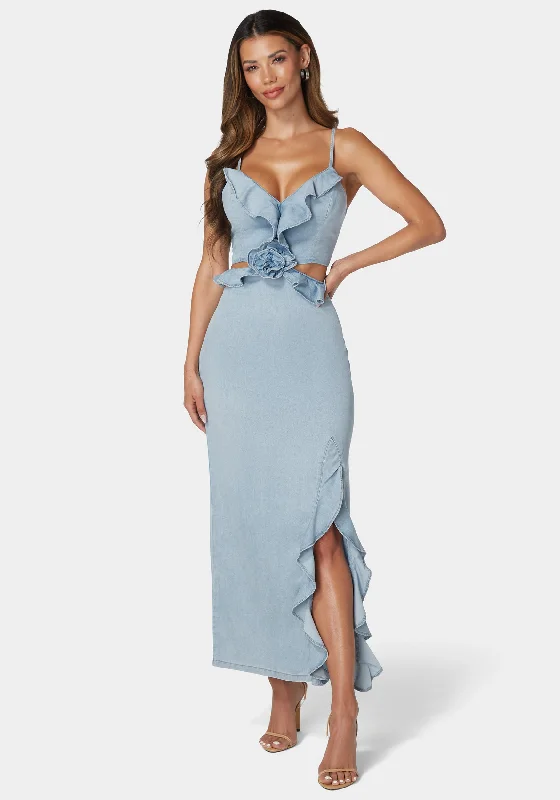 Empire Waist Women Dress to Accentuate the Bust and Conceal the Waist Empire Waist Women Dress to Accentuate the Bust and Conceal the Waist Cut Out Rosette Detail Maxi Denim Dress Empire Waist Women Dress to Accentuate the Bust and Conceal the Waist Empire Waist Women Dress to Accentuate the Bust and Conceal the Waist Cut Out Rosette Detail Maxi Denim Dress