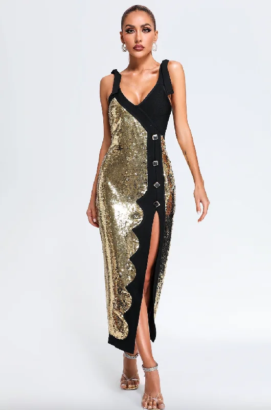 Strapless Women Dress with a Built - in Bra for Comfort and Support Strapless Women Dress with a Built - in Bra for Comfort and Support "Dolo" Gold Sequin High Slit Black Midi Bandage Dress