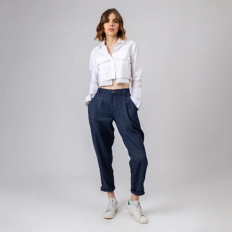 Mermaid - Style Women Dress with a Fitted Silhouette for Special Occasions Mermaid - Style Women Dress with a Fitted Silhouette for Special Occasions Cotton Co Ord Set | Crop Shirt & Pant | Long Sleeves | White & Blue