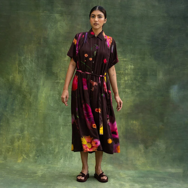 Printed Abstract Women Dress for a Modern and Artistic Appeal Printed Abstract Women Dress for a Modern and Artistic Appeal Upcycled Printed Dress | Oversized | Collared Neck | Brown