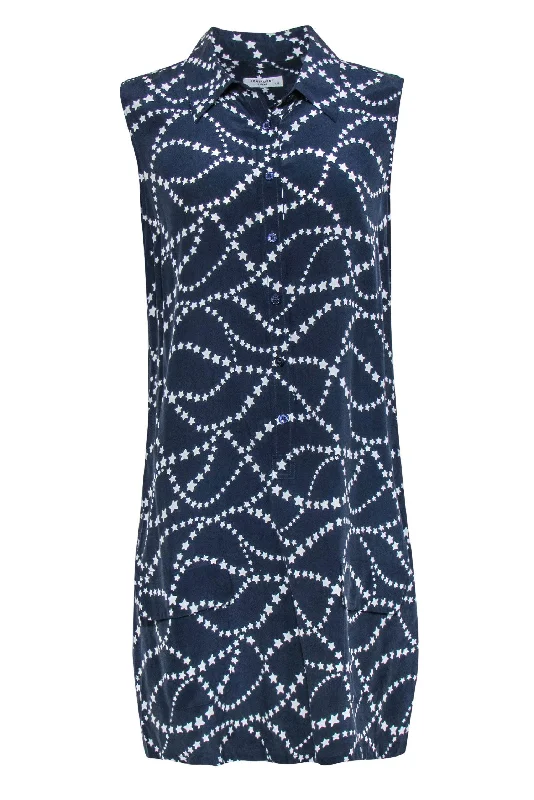 Plus Size Women Dress with a Flattering A - Line Cut for Comfort and Style Plus Size Women Dress with a Flattering A - Line Cut for Comfort and Style Equipment - Navy & White Star Print Sleeveless Button-Up Silk Shirt Dress Sz L