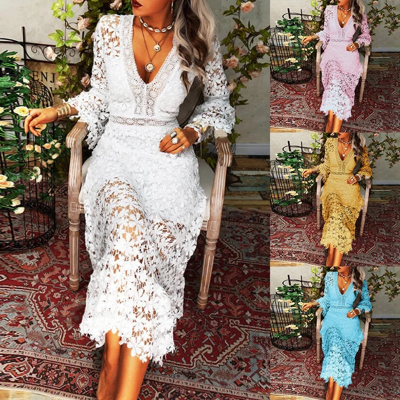 Mermaid - Style Women Dress with a Fitted Silhouette for Special Occasions Mermaid - Style Women Dress with a Fitted Silhouette for Special Occasions sixsr Fashionable Autumn Women Dress Sexy Lace Long-sleeved V-neck Large-length Ladies Chic Vestidos Wedding Party Bridal Dress